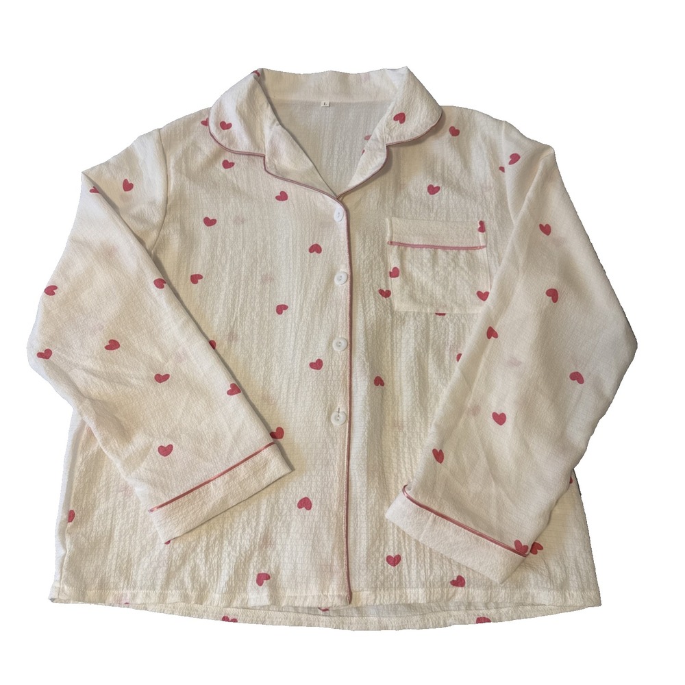 Cozy Lounge Pink Heart‎ Crinkle Soft Pajama Top Women's L Cottagecore Cabin Love